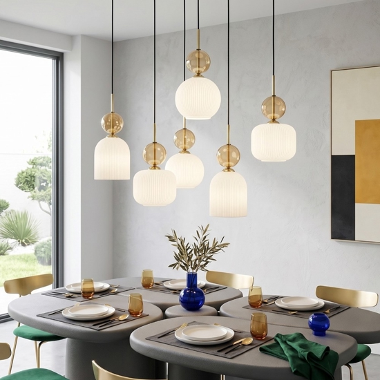 lampadario elegante per soggiorno salotto pendenti in vetro ambra bianco